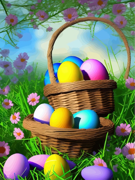 Праздничная пасхальная открытка пасхальные яйца в корзине на цветном фоне векторная иллюстрация реалистичная