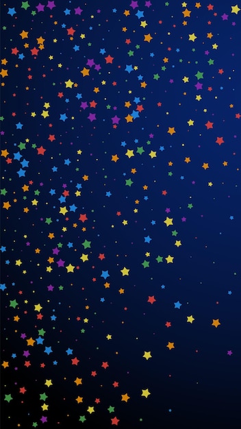 Festive ecstatic confetti. Celebration stars. Joyous stars on dark blue background. Grand festive overlay template. Vertical vector background.