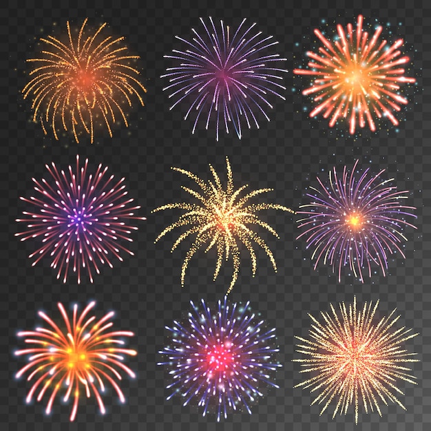 festive fireworks collection realistic colorful firework on transparent background christmas or new