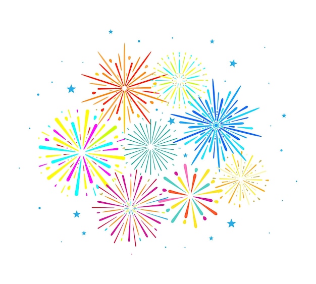 Festive fireworks isolated on white background. Vector illustration. Flat design.