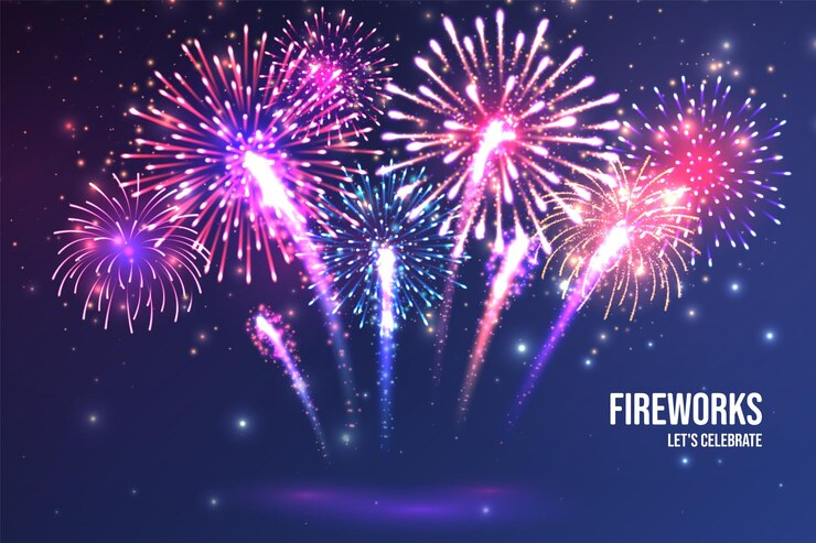Vector festive fireworks realistic colorful firework on blue abstract background multicolored explosion