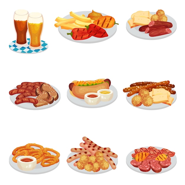 Vector festive food for oktoberfest celebration with grilled sausages and pretzel rested on plates vector