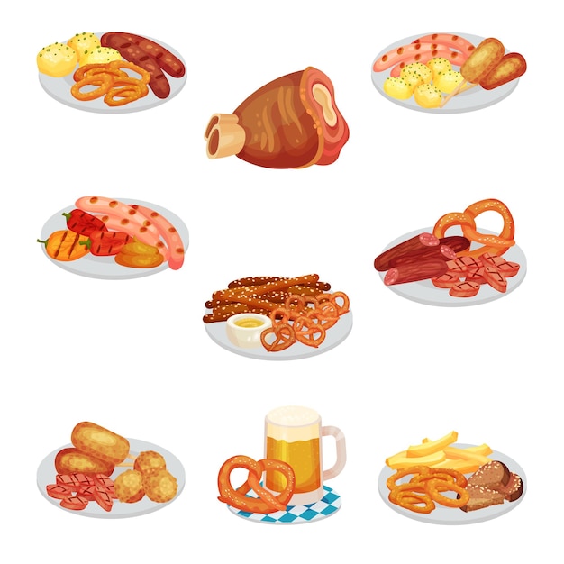 Vector festive food for oktoberfest celebration with grilled sausages and pretzel rested on plates vector