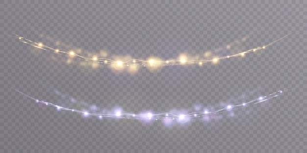 Festive garland isolated on transparent background glowing yellow light bulbs with a bright glow