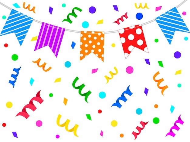 Festive garland with colored flags, on the background of flying confetti. Vector illustration