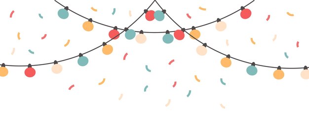 Festive garlands with colorful lights lamps and confetti Festive background for any holiday