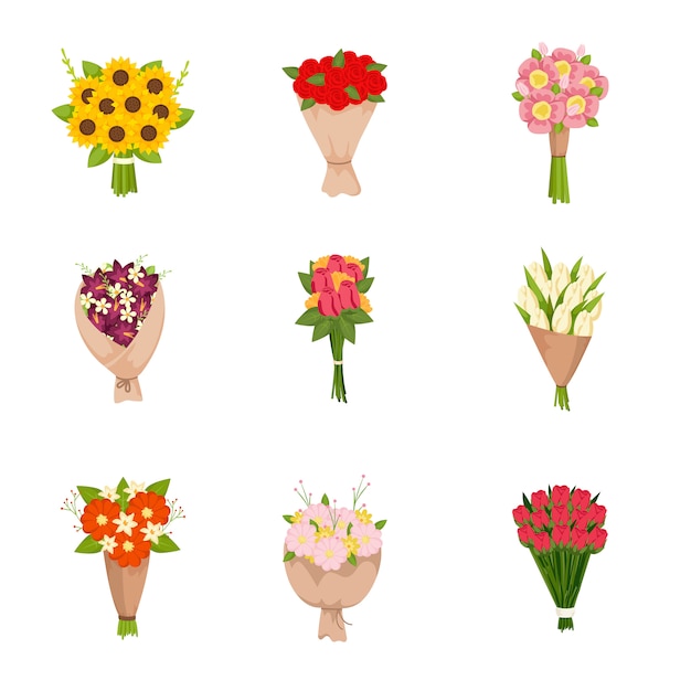 Vector festive gift bouquets of flowers icons set on empty background