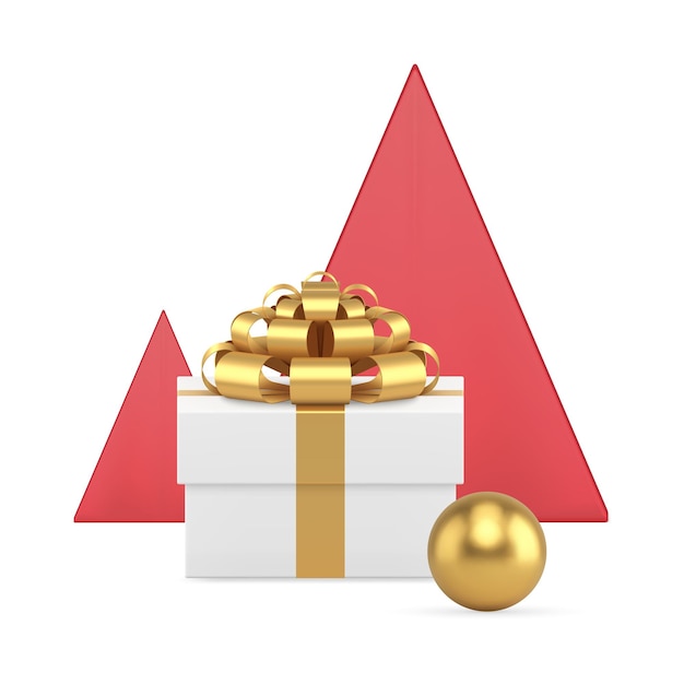 Festive gift box golden bow ribbon red minimalist pyramid Christmas tree bauble 3d icon vector