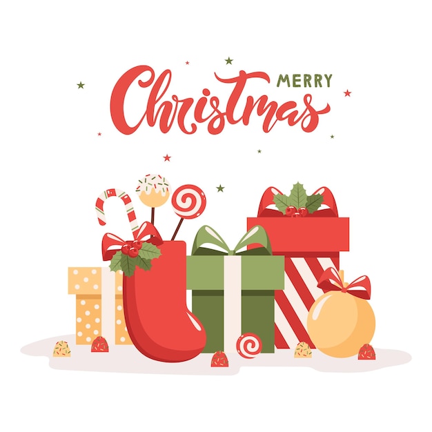 Festive gifts and candies for Merry Christmas holiday weekend Lettering  Vector Illustration