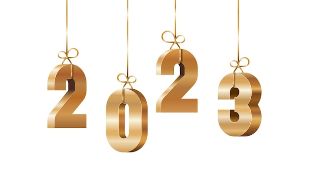 Festive glowing hanging golden 3D numbers 2023 for holiday new year greeting card design