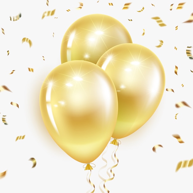 Festive golden balloons with streamer and confetti. layout for birthday, christmas, anniversary.