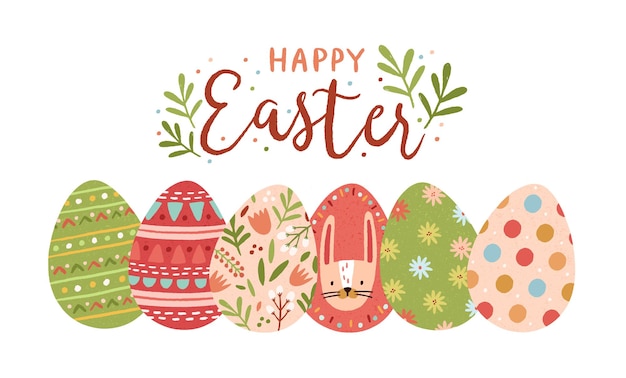 Festive greeting card template with Happy Easter wish handwritten with elegant cursive font and decorated eggs on white