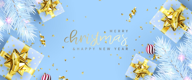   Festive greeting card with New Year and Merry Christmas.