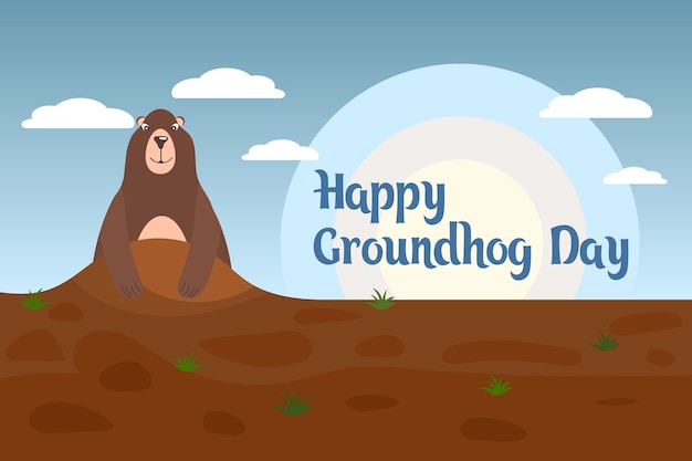 Festive groundhog day illustrazione carino marmotta sullo sfondo del paesaggio con cartolina di testo