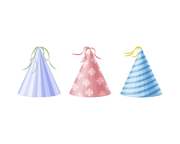 A festive hat a set of three multicolored caps for holidays and parties festive colored hat vector i