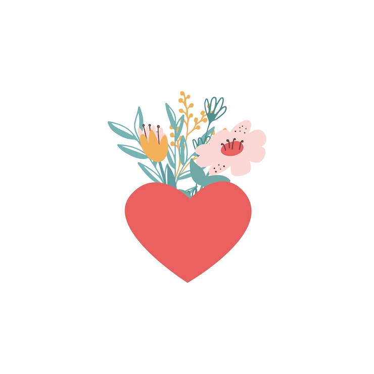 Vector festive heart with bunch of flowers flat style bouquet for greeting cards valentine illustration