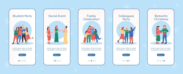 Festive holiday celebration onboarding mobile app screen flat  template social xmas event walkthrough website steps with characters ux ui gui smartphone cartoon interface case prints set