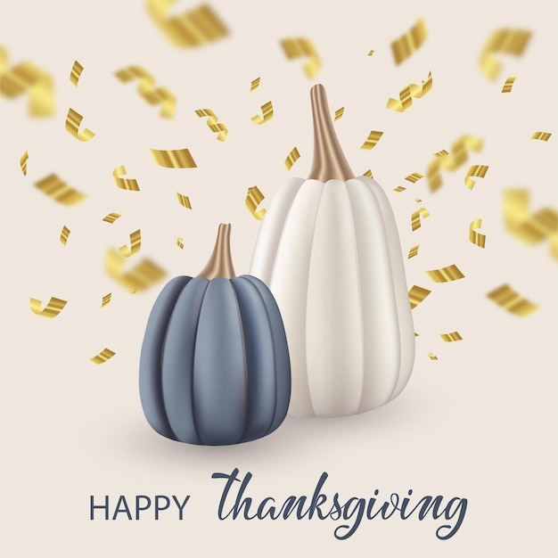 Festive Holiday Thanksgiving day background. Blue and beige pumpkins, gold confetti.