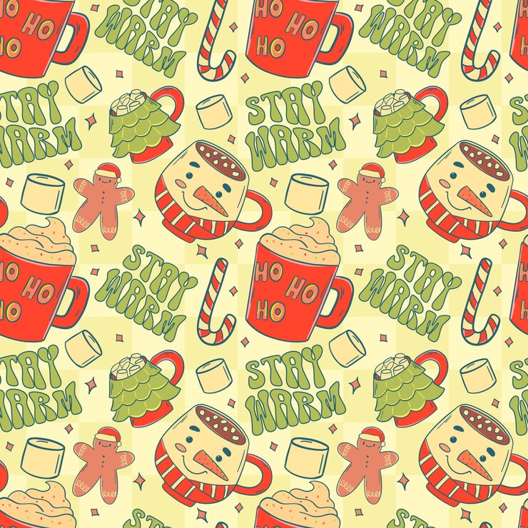 Vector festive hot cocoa and holiday mugs seamless pattern
