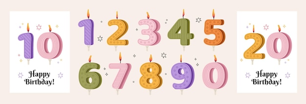 Raccolta festiva dell'illustrazione dei numeri luminosi della candela della torta di compleanno. candele per le vacanze di anniversario