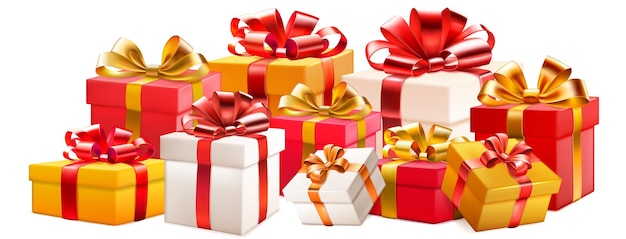 Праздничная иллюстрация с кучей цветных подарочных коробок с лентами и бантами