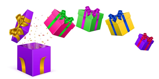 Festive illustration with colored gift boxes with ribbons and bows and pieces of serpentine