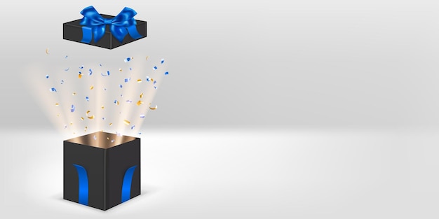 Праздничная иллюстрация с открытой черной подарочной коробкой с голубыми лентами и бантом. Из нее вылетают кусочки серпантина и лучи света