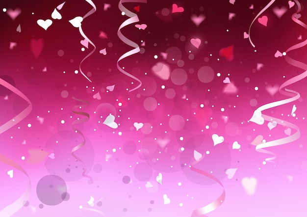 Vector festive illustration with purple and pink gradient background with hearts and streamer ribbons