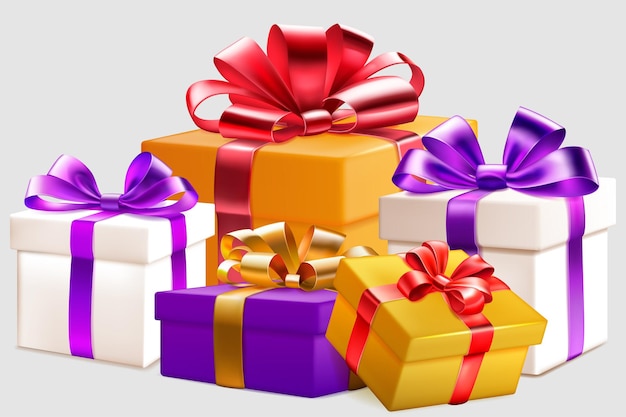 Vector festive illustration with several colored gift boxes with ribbons and bows