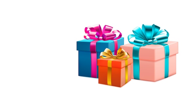 Festive illustration with three colored gift boxes with ribbons and bows on white background