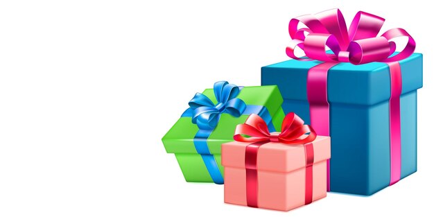 Festive illustration with three colored gift boxes with ribbons and bows on white background