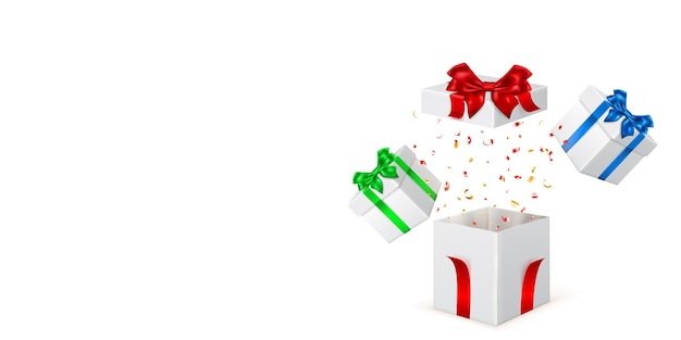 색색의 리본과 활 조각이 있는 흰색 선물 상자가 있는 축제 삽화