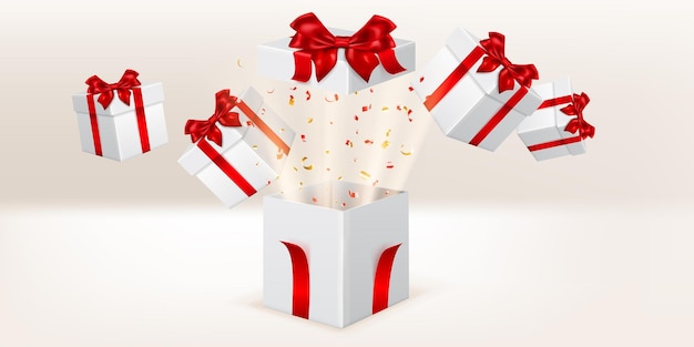 Illustrazione festiva con scatole regalo bianche con nastri rossi e fiocchi, pezzi di serpentino volano fuori da esso