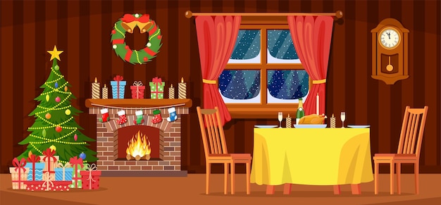 Vector festive interior of living room, new year.