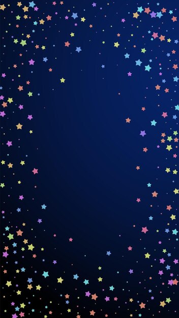 Festive juicy confetti. Celebration stars. Colorful stars random on dark blue background. Fascinating festive overlay template. Vertical vector background.