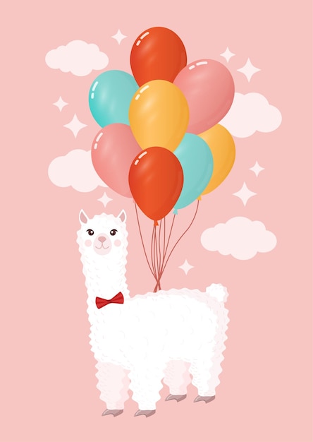 Festive llama or alpaca with a mans bow tie flies on inflatable colorful balloons