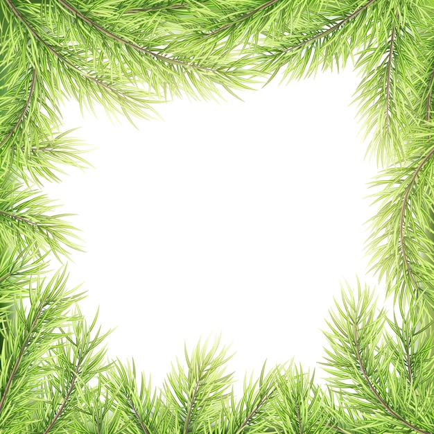 Festive Merry Christmas and Happy New Year greeting card template. Frame of tree branches. 