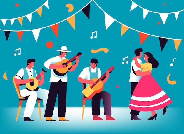 Vector festive music trio and dancing couple