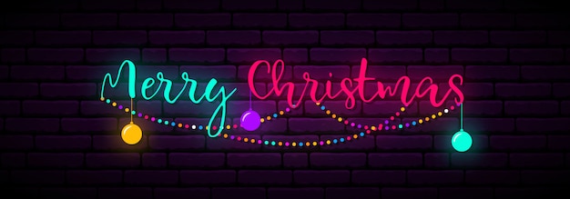 Festive neon banner with inscription merry christmas.