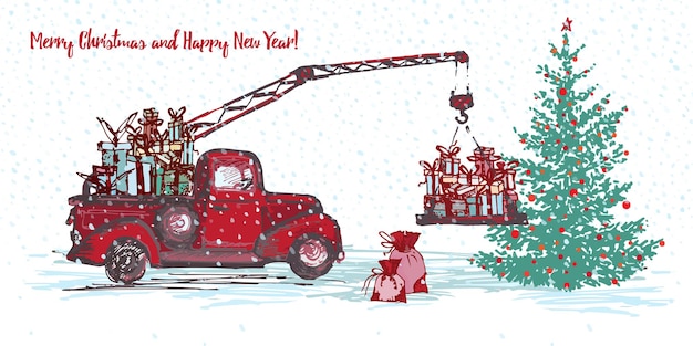 Vector festive new year 2018 card red truck crane with fir tree decorated red balls and christmas gifts isolated on white snowy background