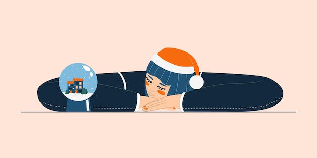 Festive, New Year flat illustration with a girl in a Santa hat resting her head on her hand