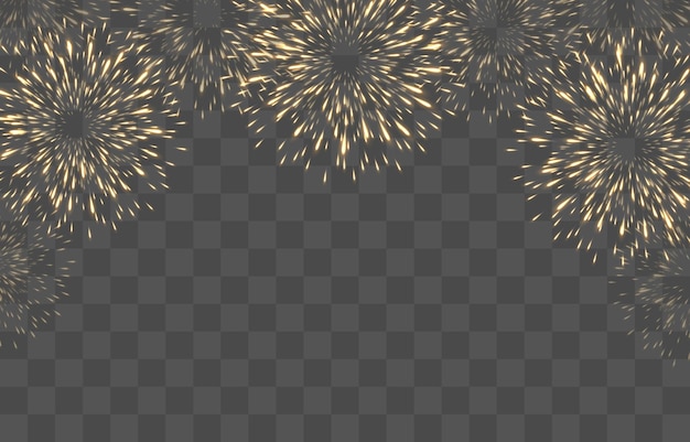 Vector festive new year's eve fireworks with brightly shining sparks, vector isolated on png background