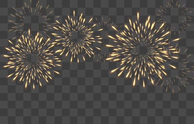 Festive New Year's Eve fireworks with brightly shining sparks, vector isolated on png background