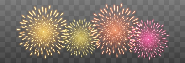 Festive New Year's Eve fireworks with brightly shining sparks, vector isolated on png