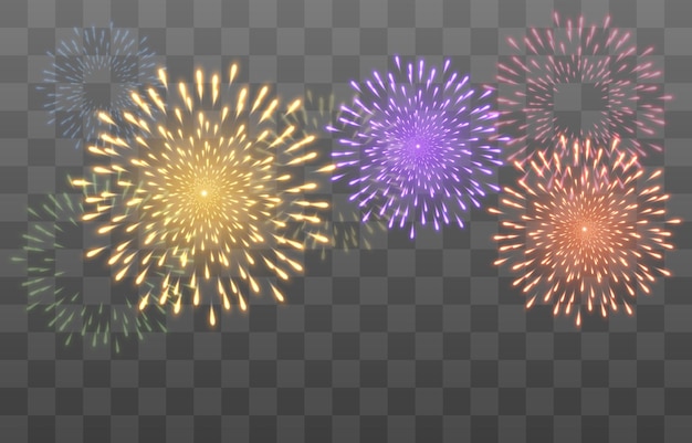 Festive new year's eve fireworks with brightly shining sparks, vector isolated on png