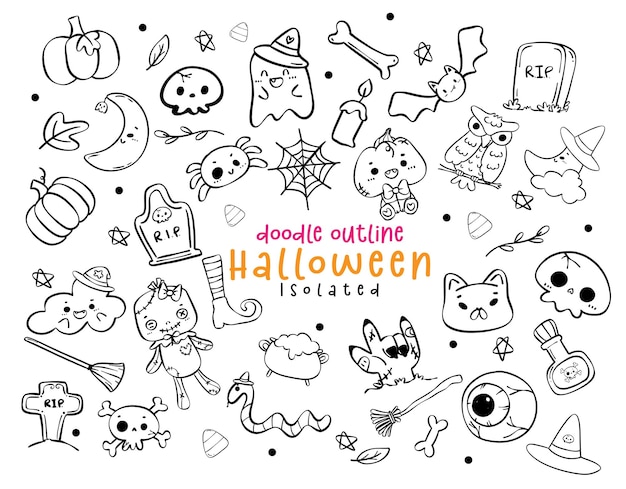 Vector festive outline doodles halloween elements hand drawing idea for autumn decor with cute character