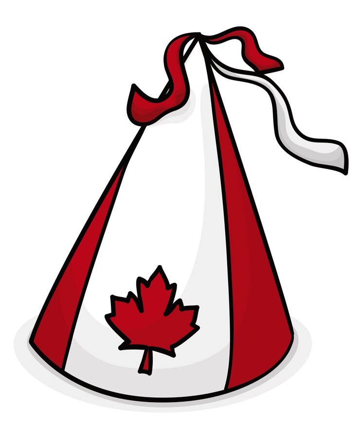 Vector festive party hat with canadian design red and white stripes and maple leaf in cartoon style