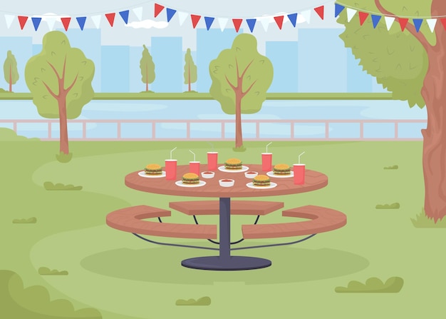 Vector festive picnic in city park flat color vector illustration