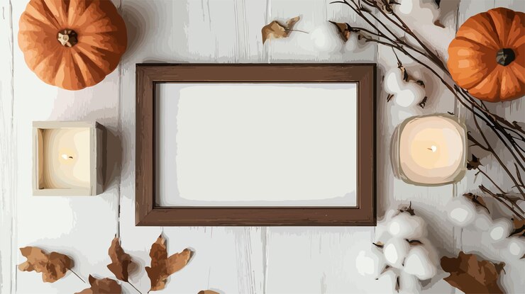 Vector festive picture frame with pumpkins candles and cotton branch