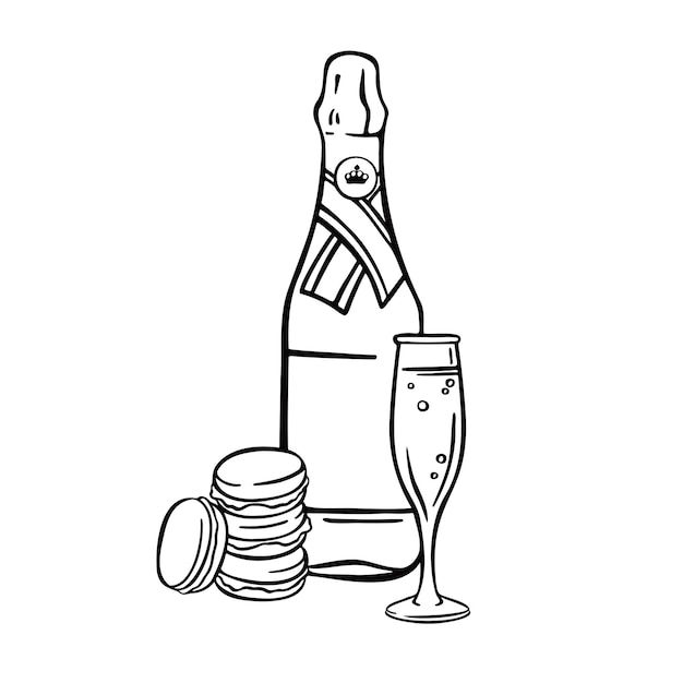 Festive pink champagne bottle with glasses sweets and flowers illustration vector